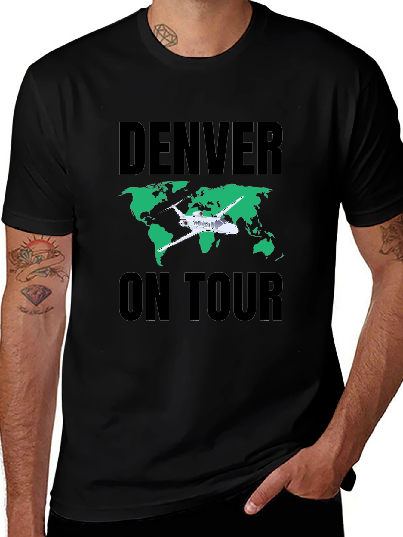 Denver On Tour Black T-Shirt with World Map