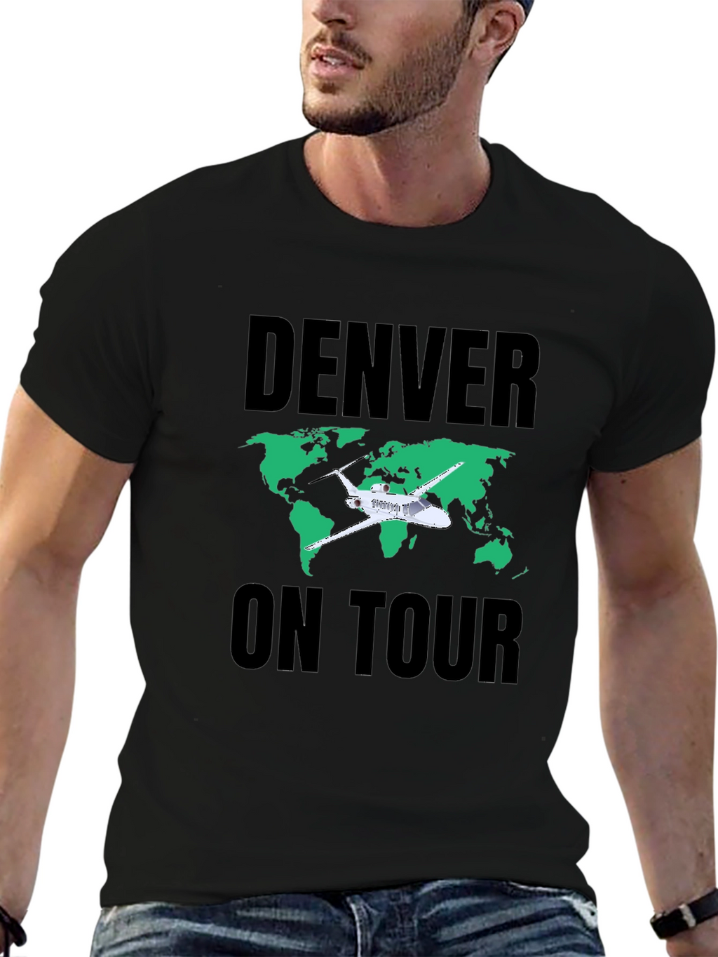 Denver On Tour Black T-Shirt with World Map