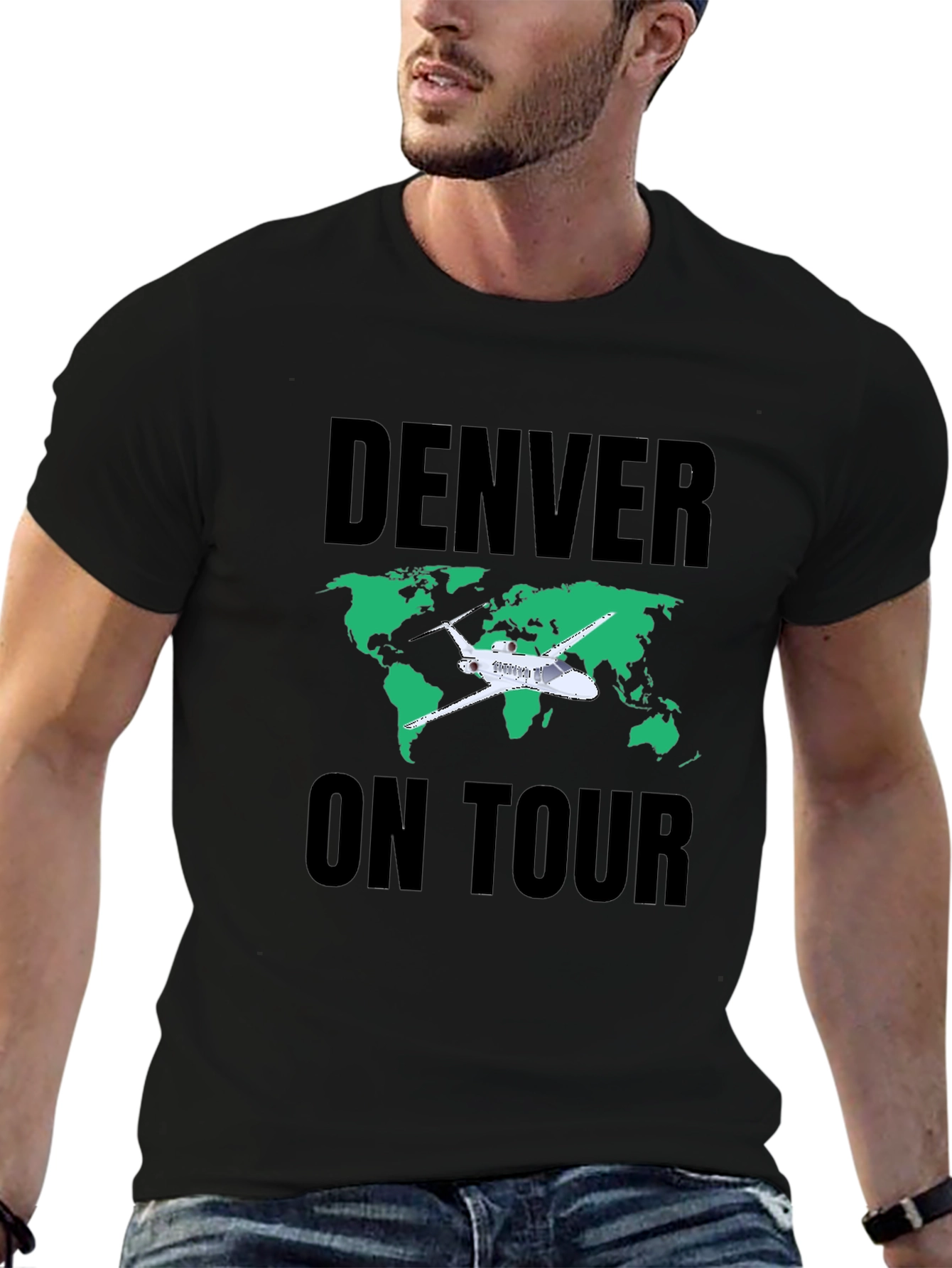 Denver On Tour Black T-Shirt with World Map
