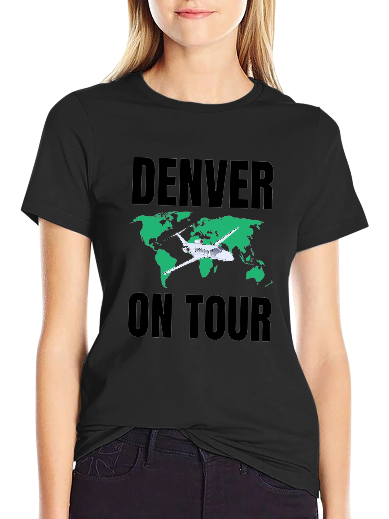 Denver On Tour Black T-Shirt with World Map