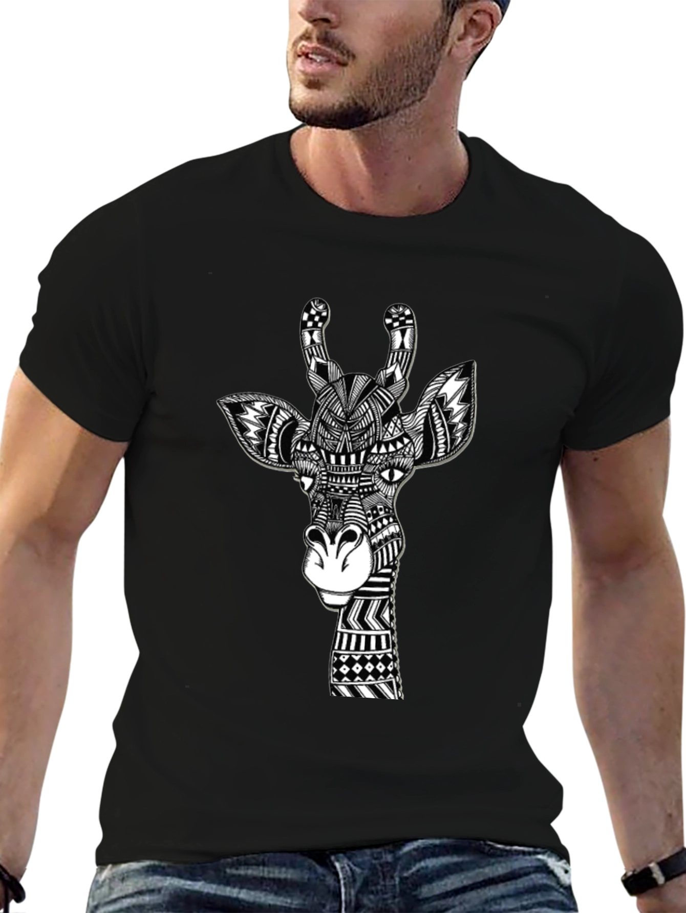 Giraffe Art Black T-Shirt Unique Design