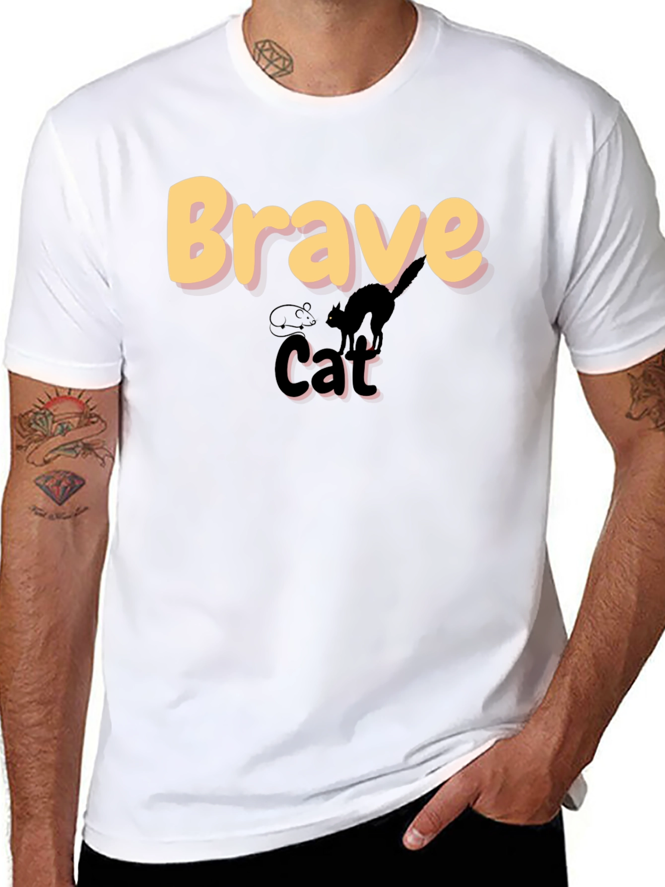 Brave Cat Graphic T-Shirt - Black Crew Neck Tee