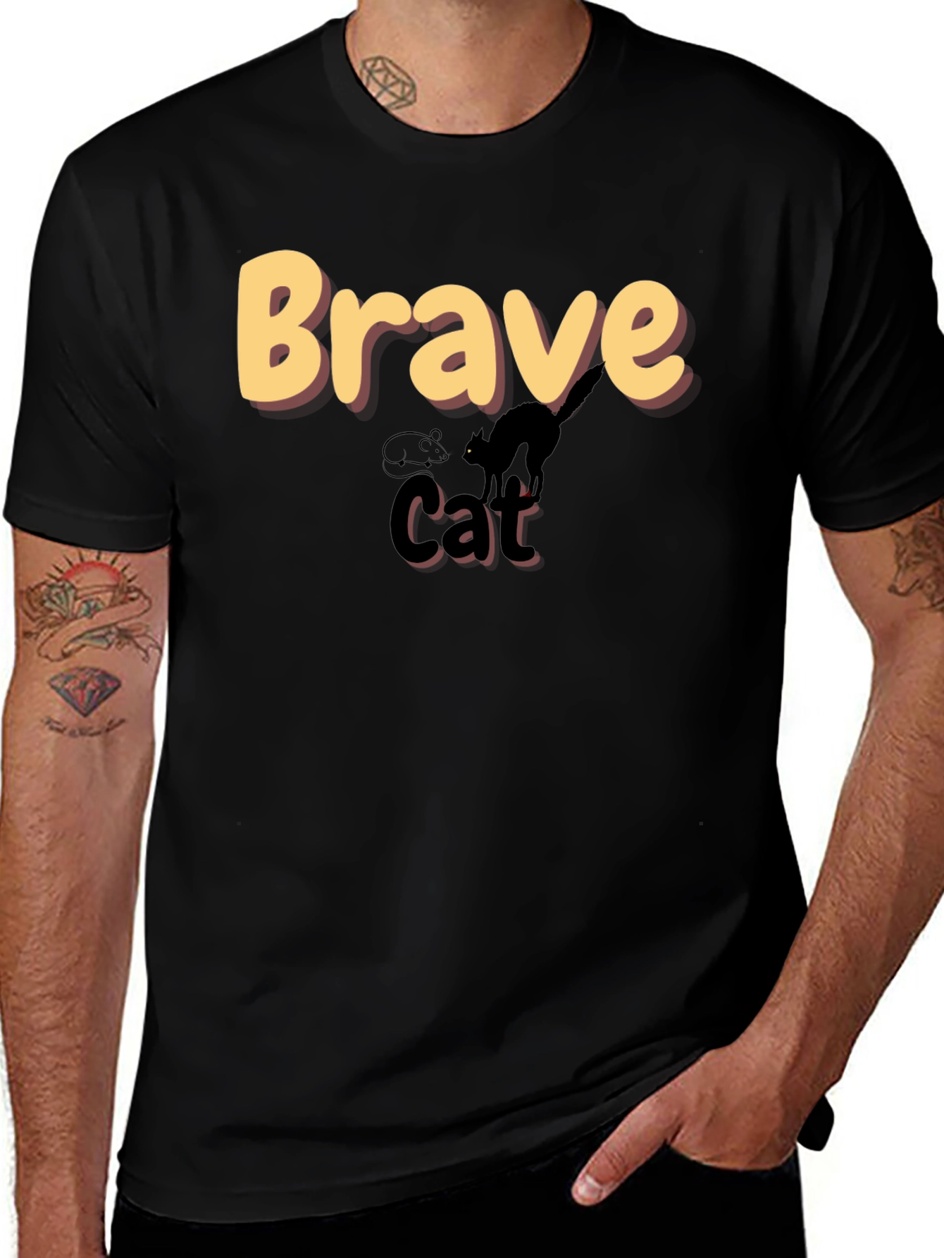 Brave Cat Graphic T-Shirt - Black Crew Neck Tee