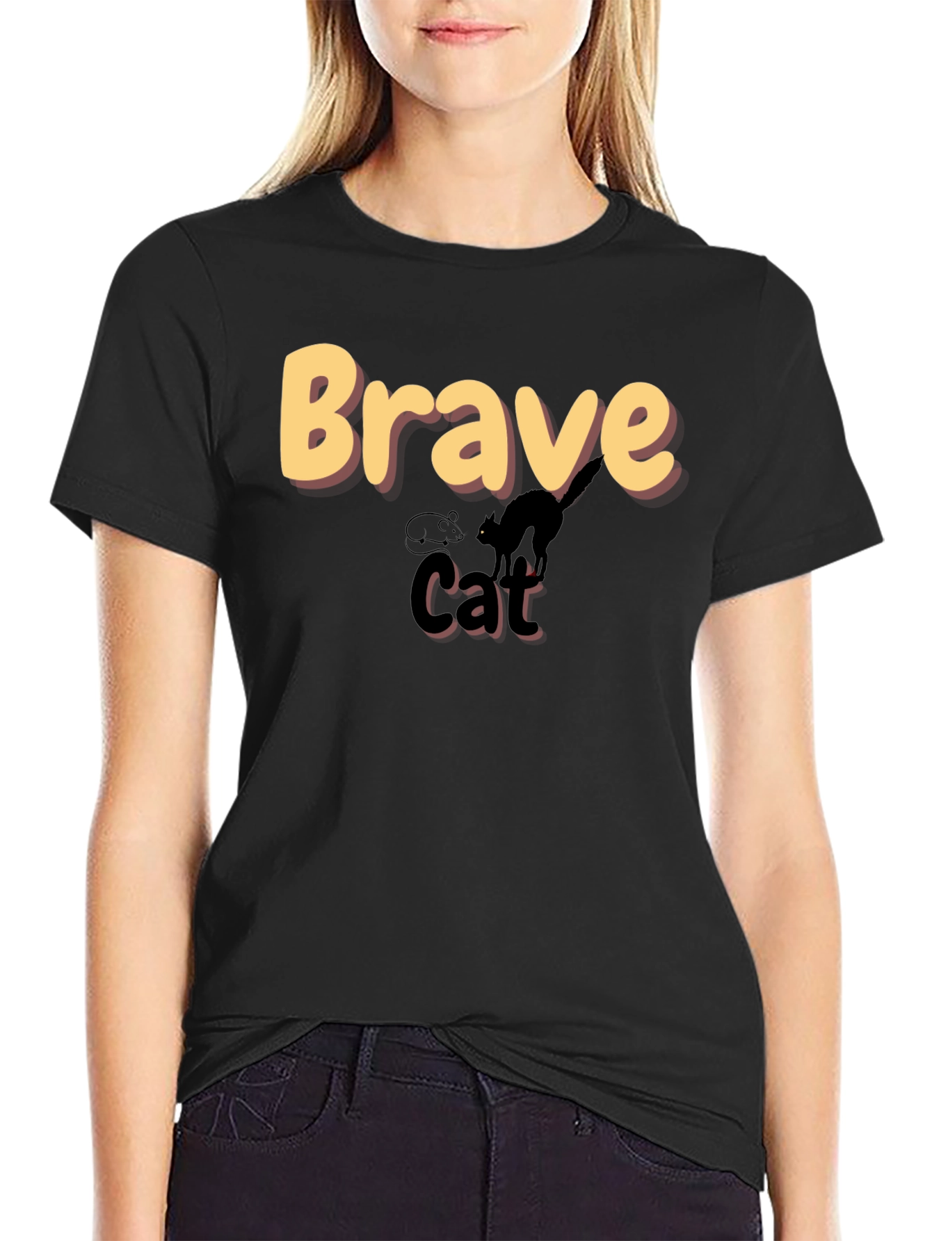 Brave Cat Graphic T-Shirt - Black Crew Neck Tee