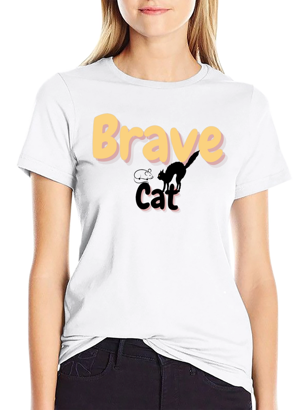 Brave Cat Graphic T-Shirt - Black Crew Neck Tee