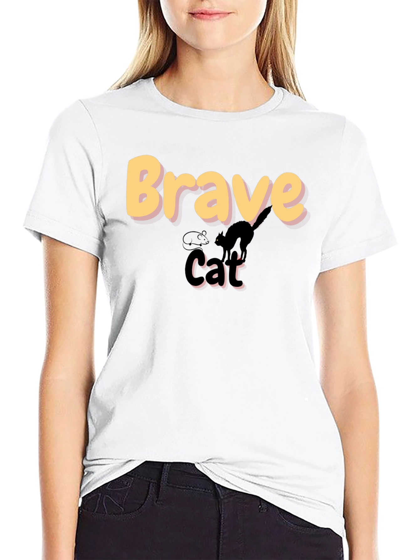 Brave Cat Graphic T-Shirt - Black Crew Neck Tee
