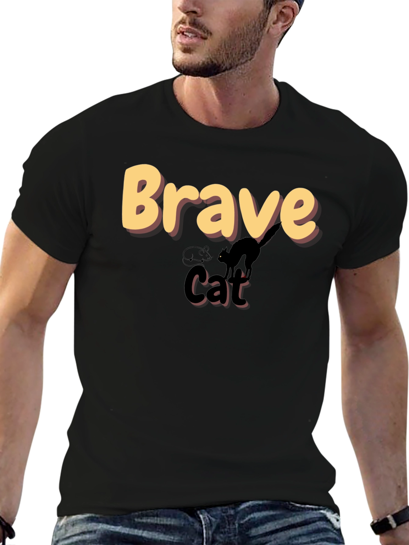 Brave Cat Graphic T-Shirt - Black Crew Neck Tee
