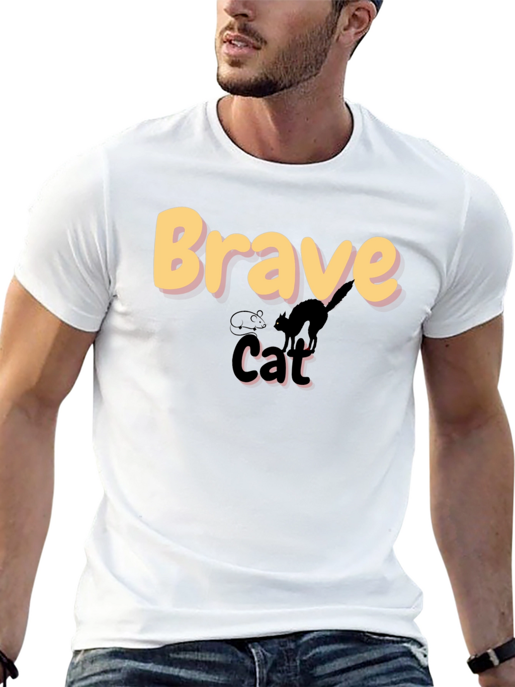Brave Cat Graphic T-Shirt - Black Crew Neck Tee