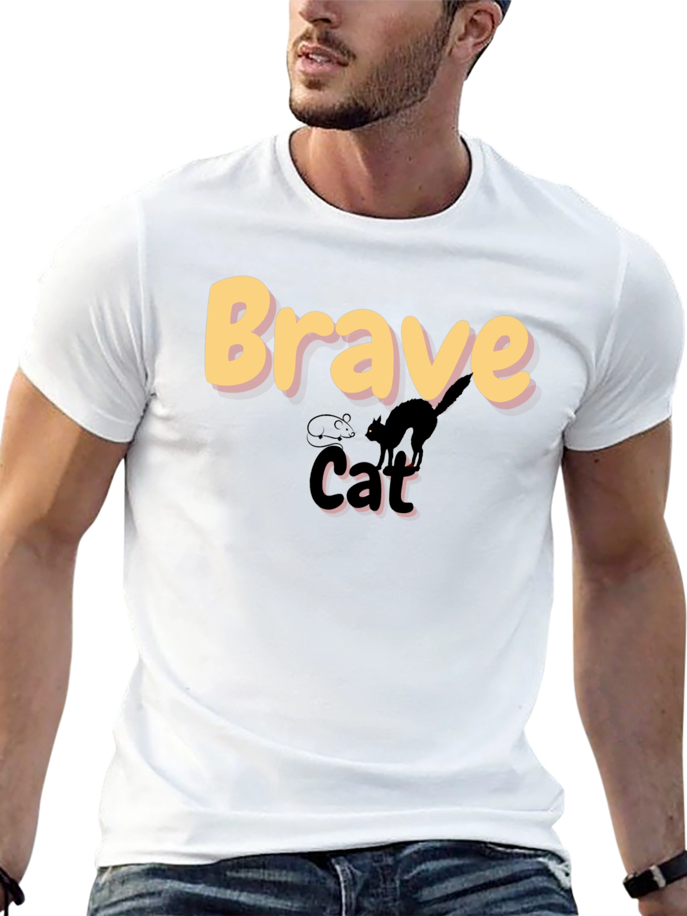 Brave Cat Graphic T-Shirt - Black Crew Neck Tee