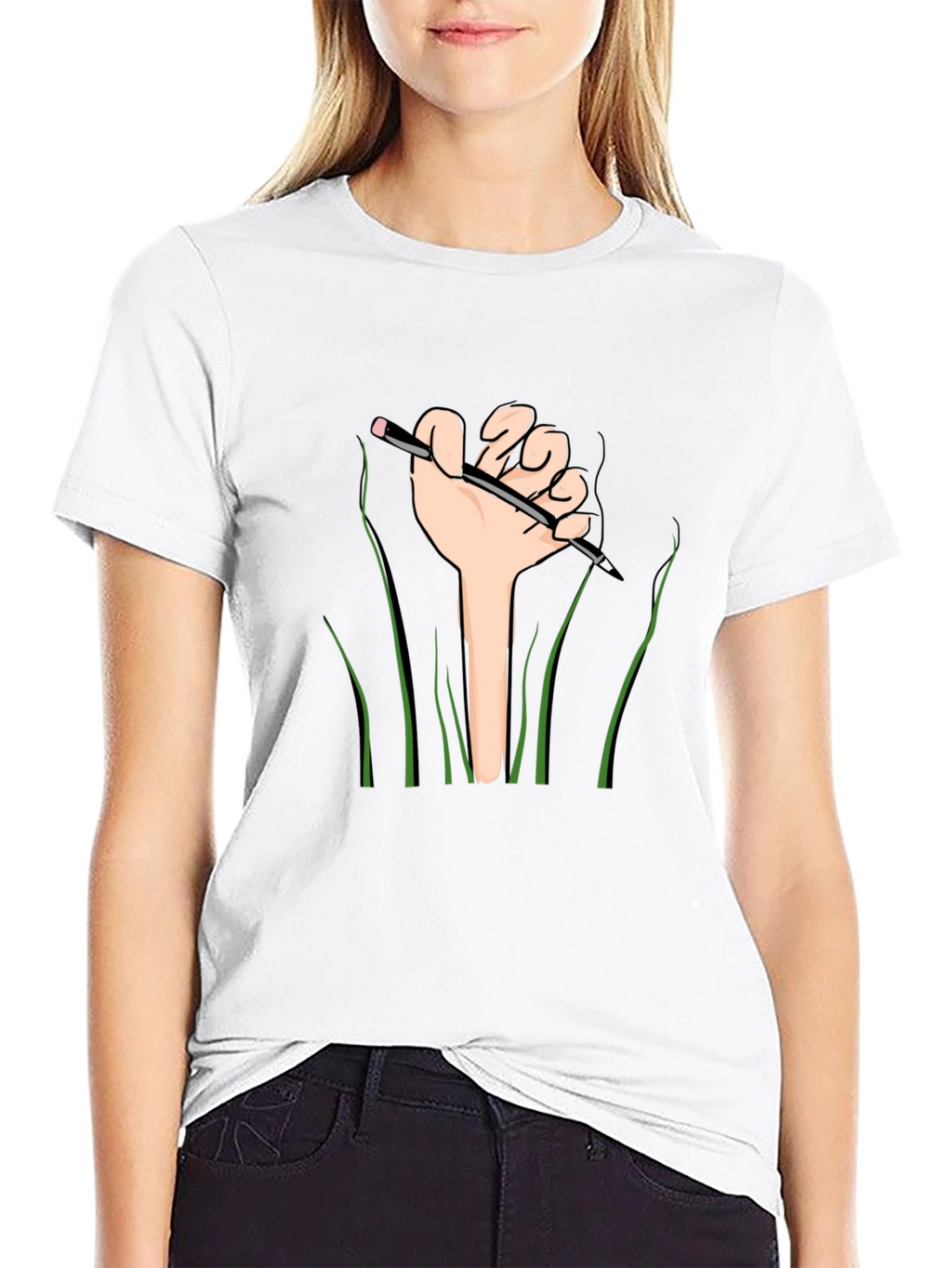 Graphic Tee: Hand Holding Pencil Design - Black Shirt