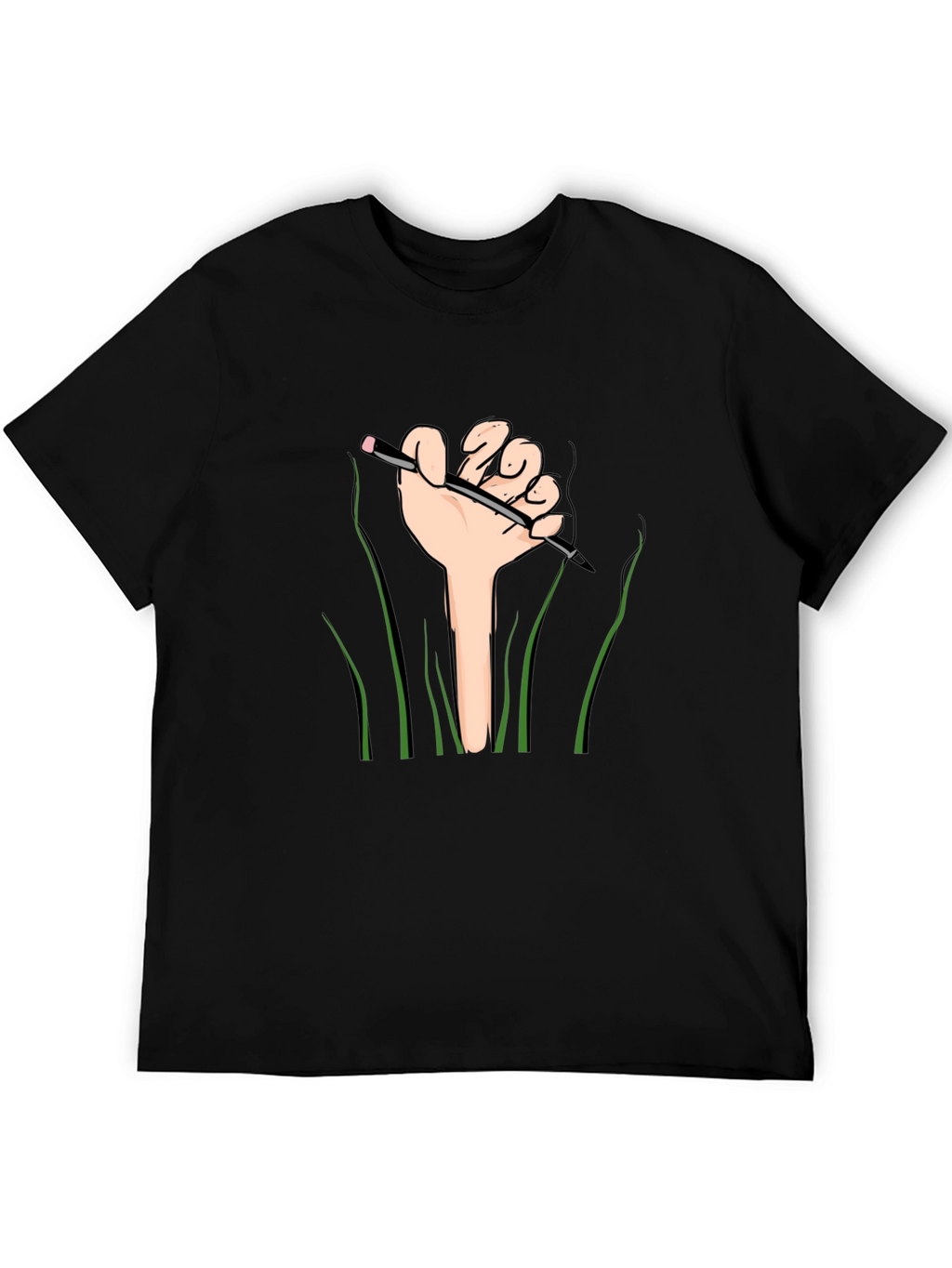 Graphic Tee: Hand Holding Pencil Design - Black Shirt