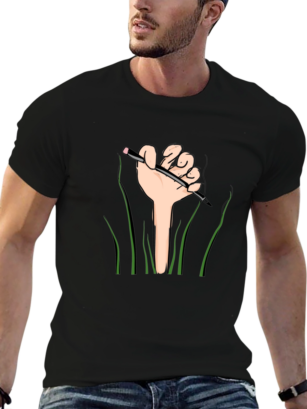 Graphic Tee: Hand Holding Pencil Design - Black Shirt