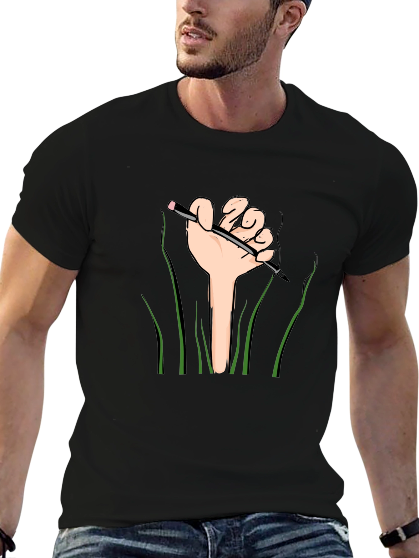 Graphic Tee: Hand Holding Pencil Design - Black Shirt