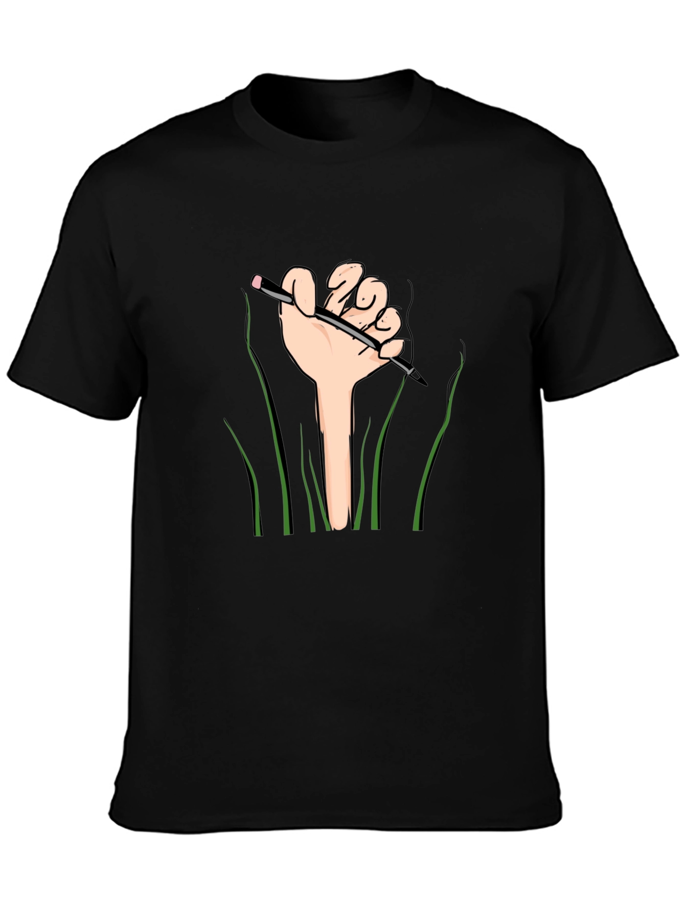 Graphic Tee: Hand Holding Pencil Design - Black Shirt