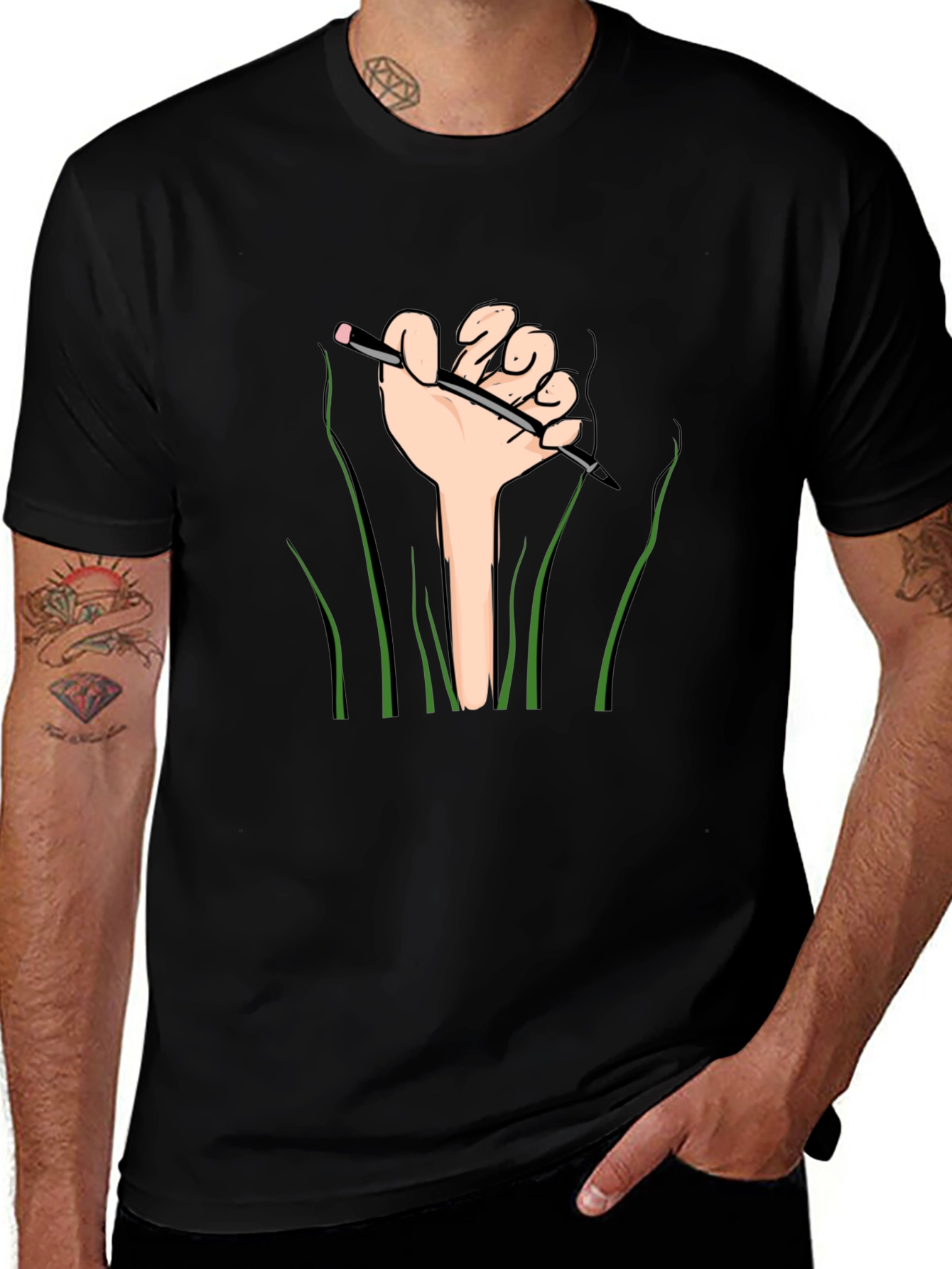 Graphic Tee: Hand Holding Pencil Design - Black Shirt