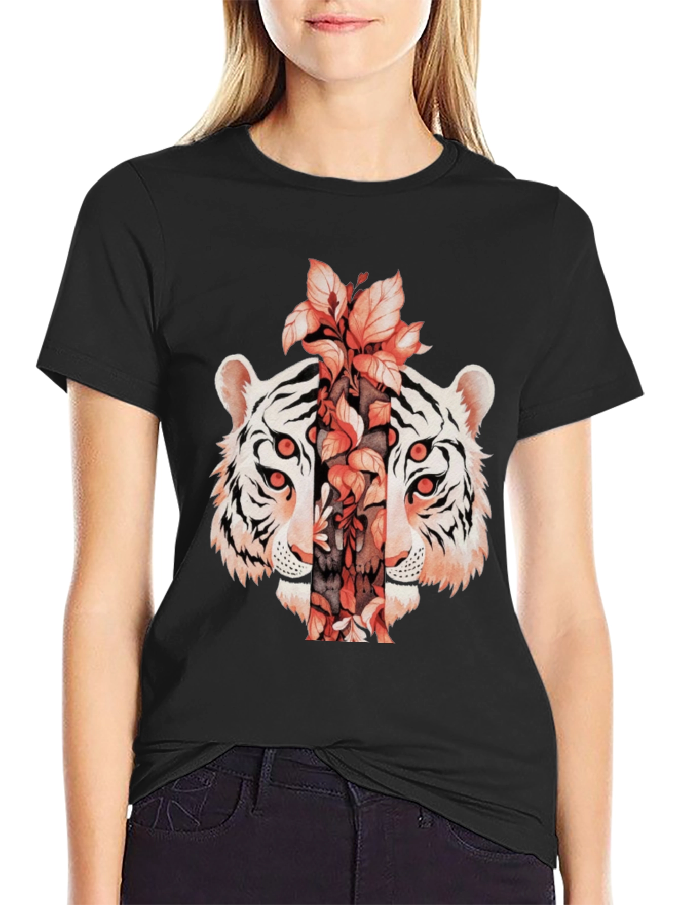 Tiger Floral Print Black T-Shirt
