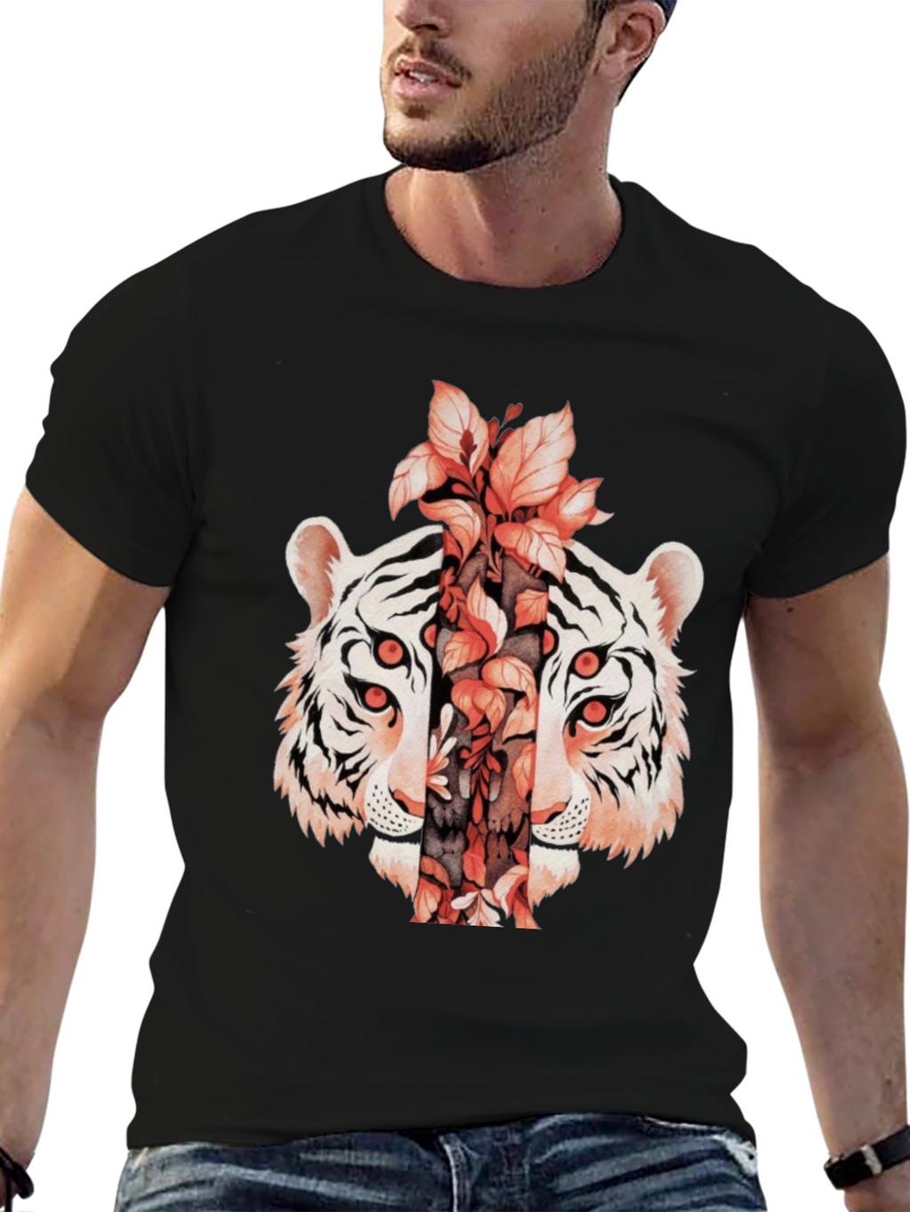 Tiger Floral Print Black T-Shirt