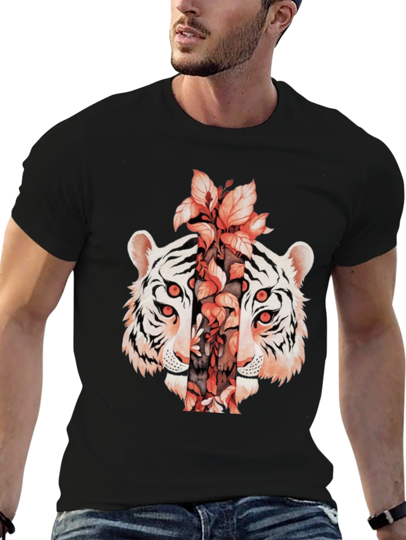Tiger Floral Print Black T-Shirt