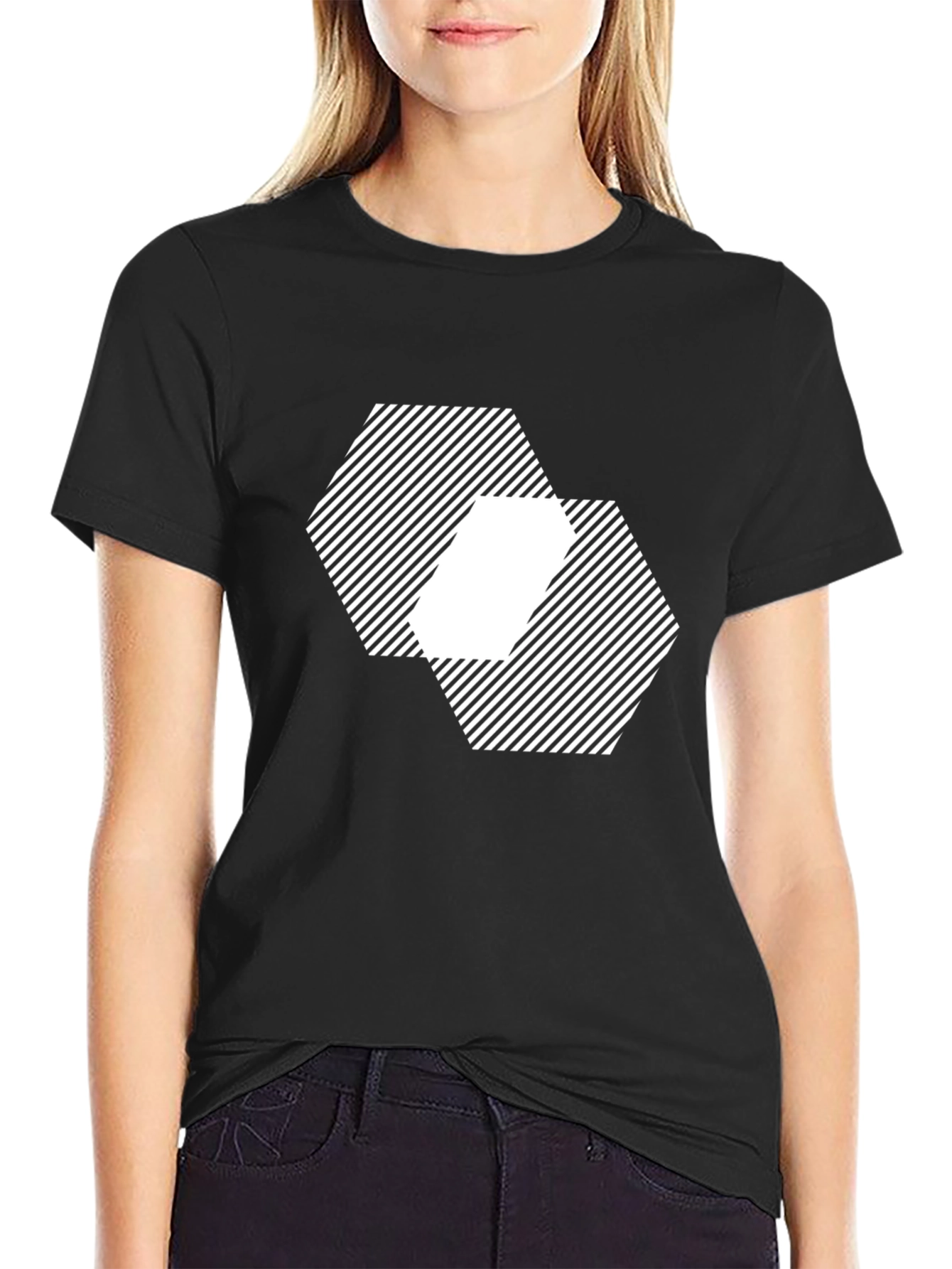 Geometric Hexagon Pattern Black T-Shirt