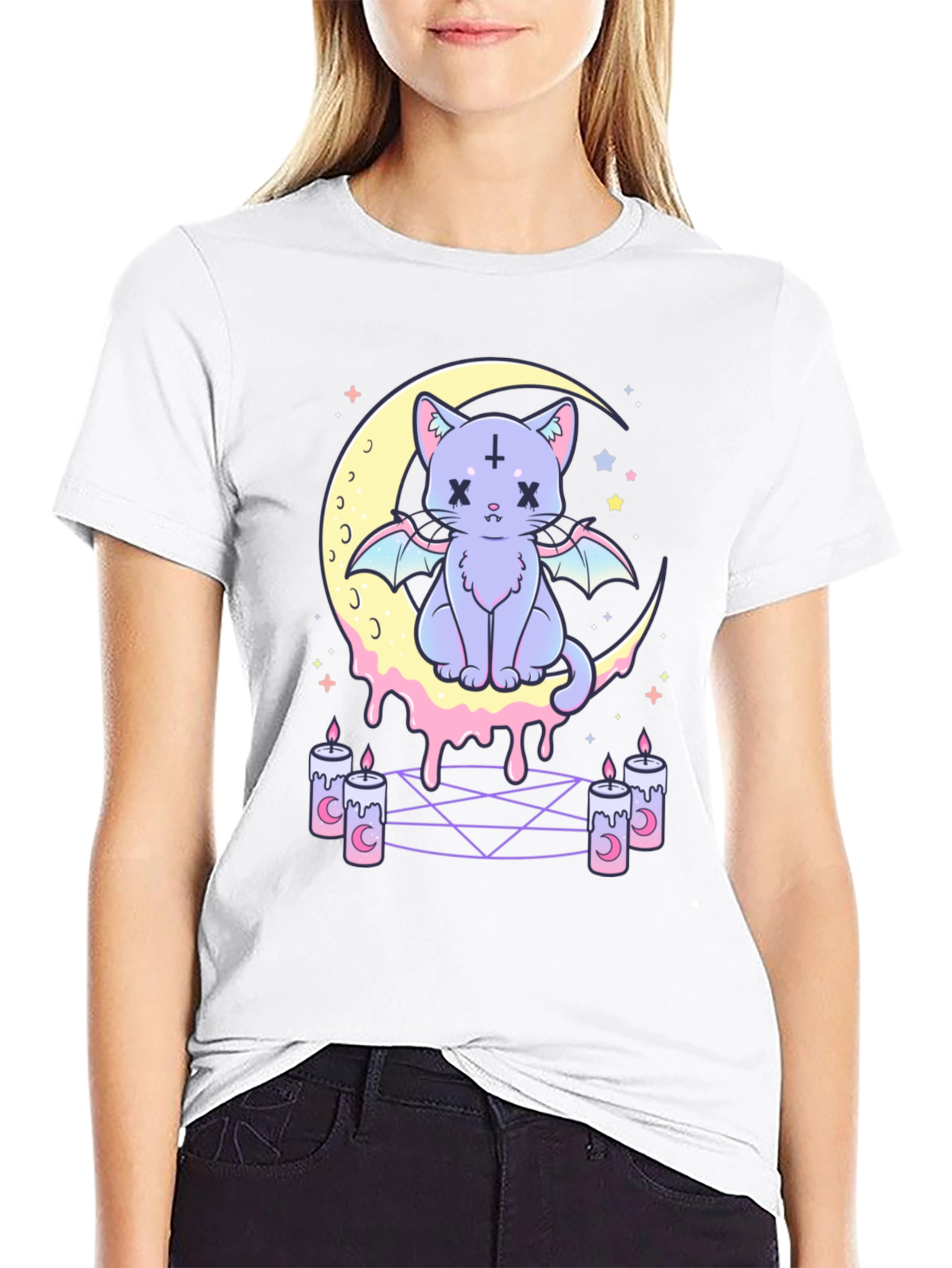 Gothic Cat Moon T-Shirt - Pastel Goth Style