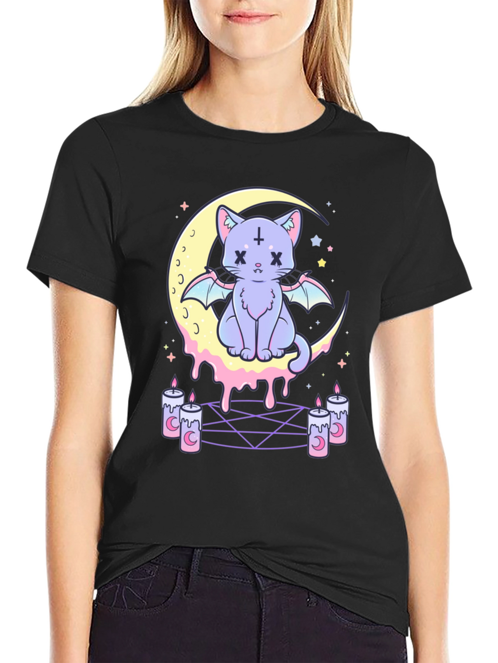Gothic Cat Moon T-Shirt - Pastel Goth Style