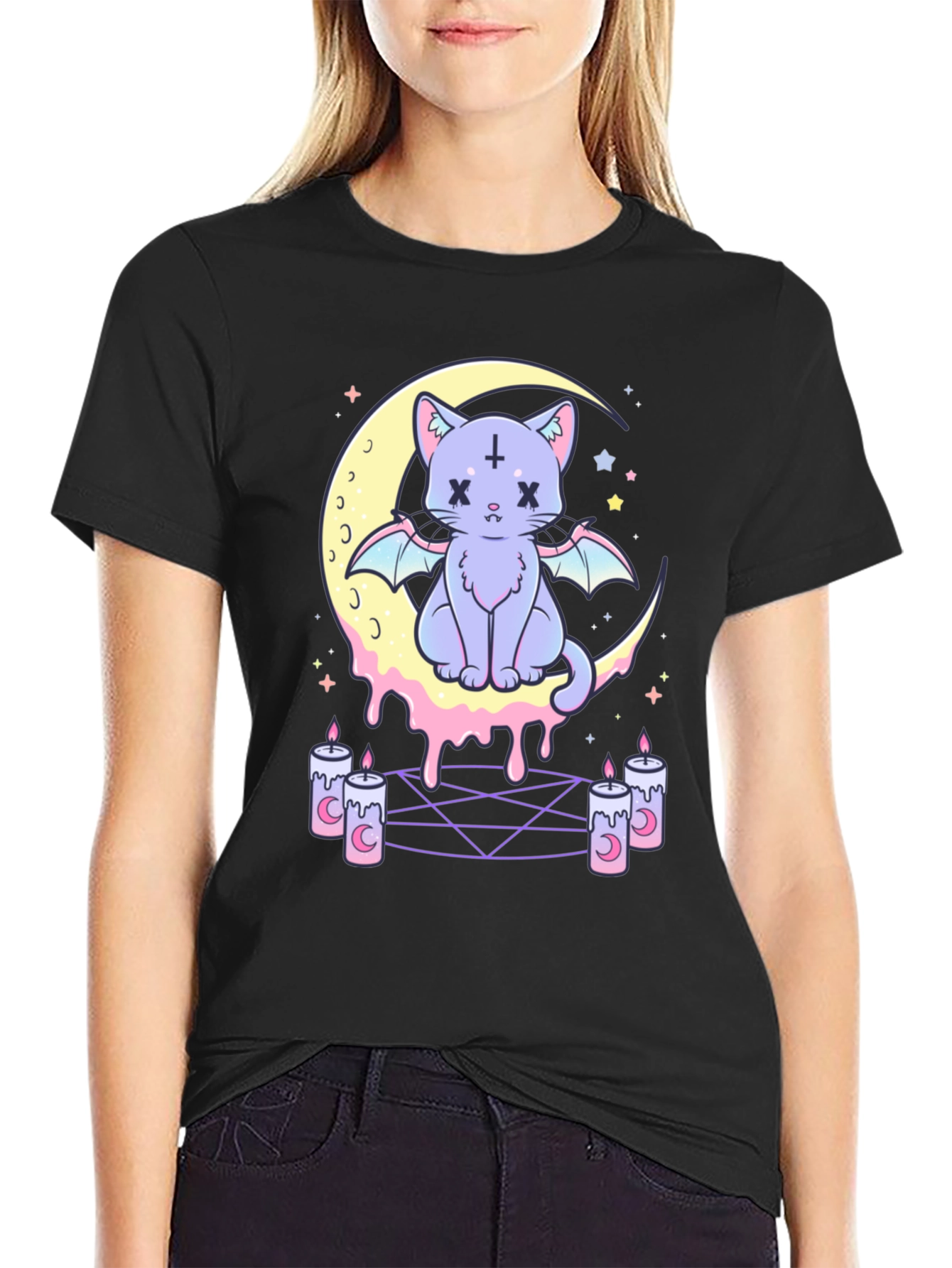 Gothic Cat Moon T-Shirt - Pastel Goth Style