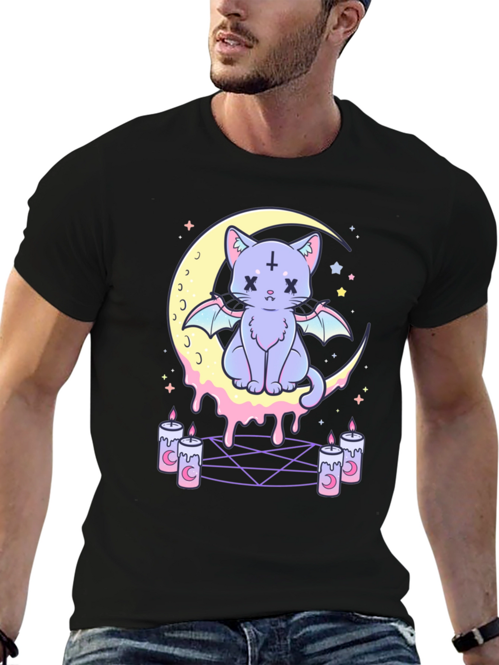 Gothic Cat Moon T-Shirt - Pastel Goth Style