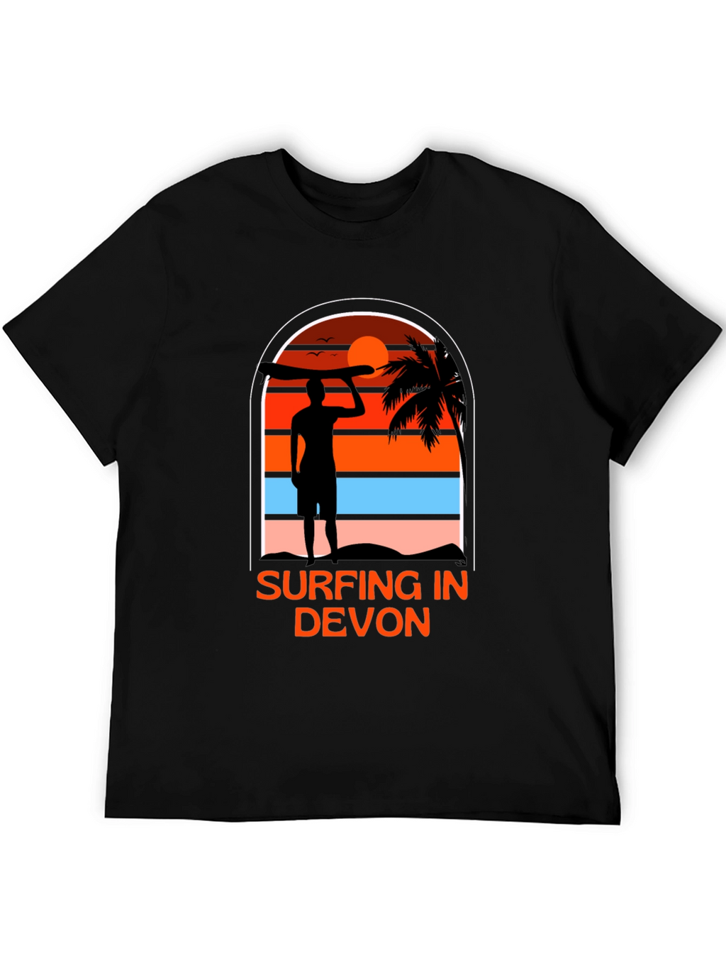 Surfing in Devon T-Shirt - Black Beach Sunset Tee