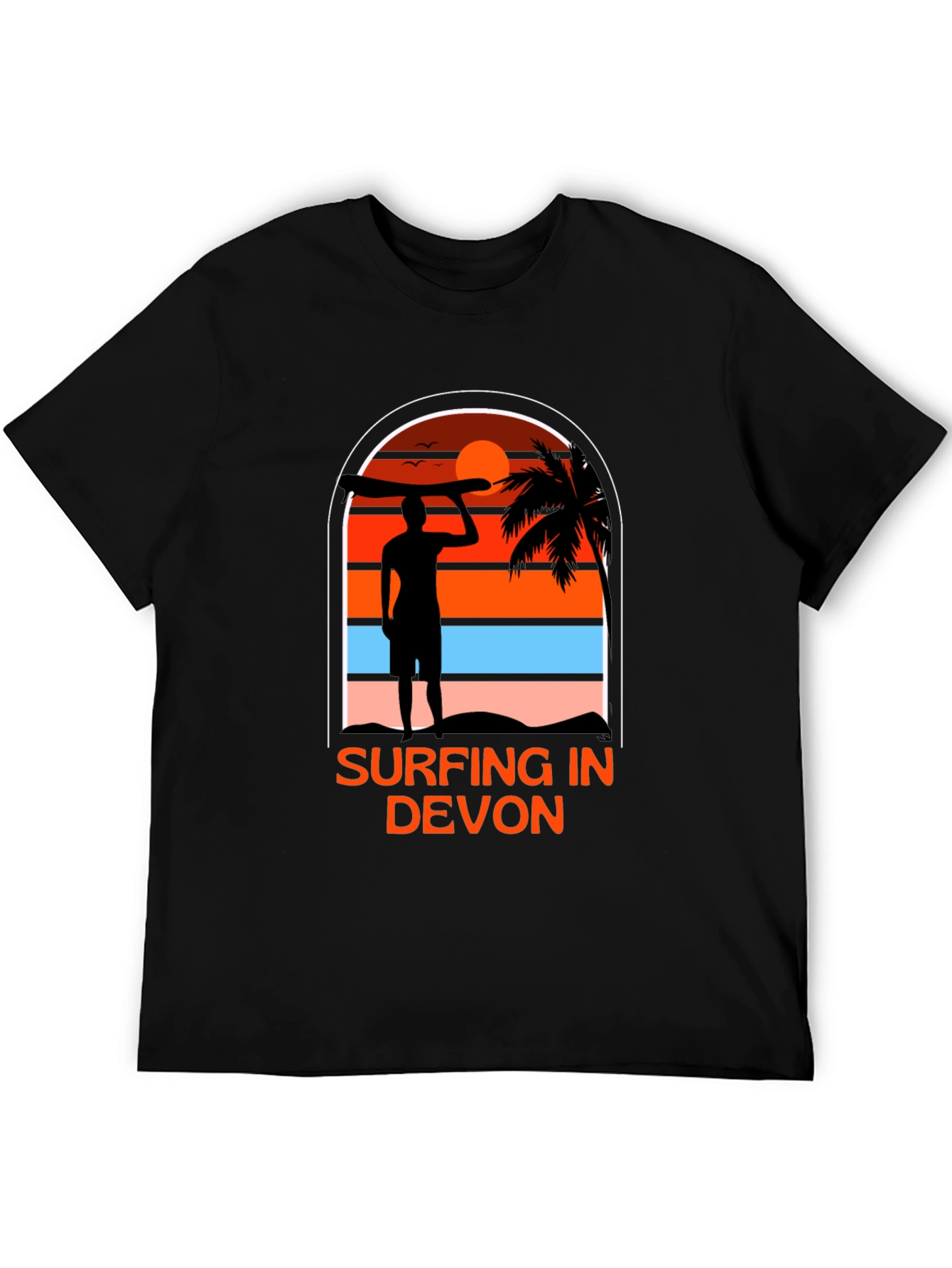 Surfing in Devon T-Shirt - Black Beach Sunset Tee