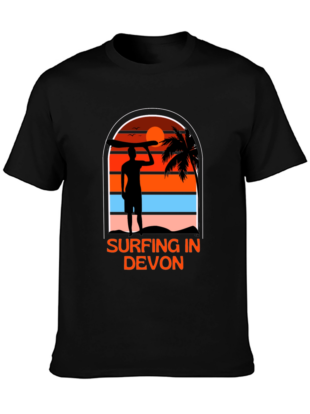 Surfing in Devon T-Shirt - Black Beach Sunset Tee