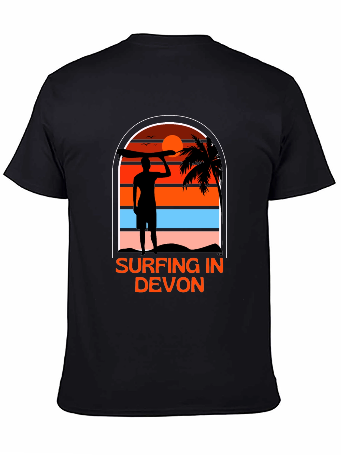 Surfing in Devon T-Shirt - Black Beach Sunset Tee
