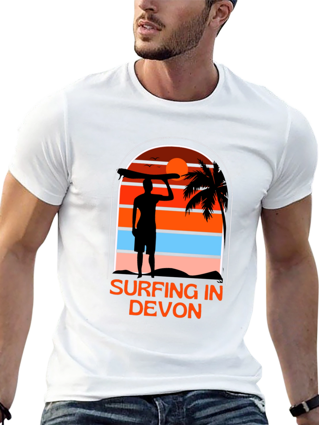Surfing in Devon T-Shirt - Black Beach Sunset Tee