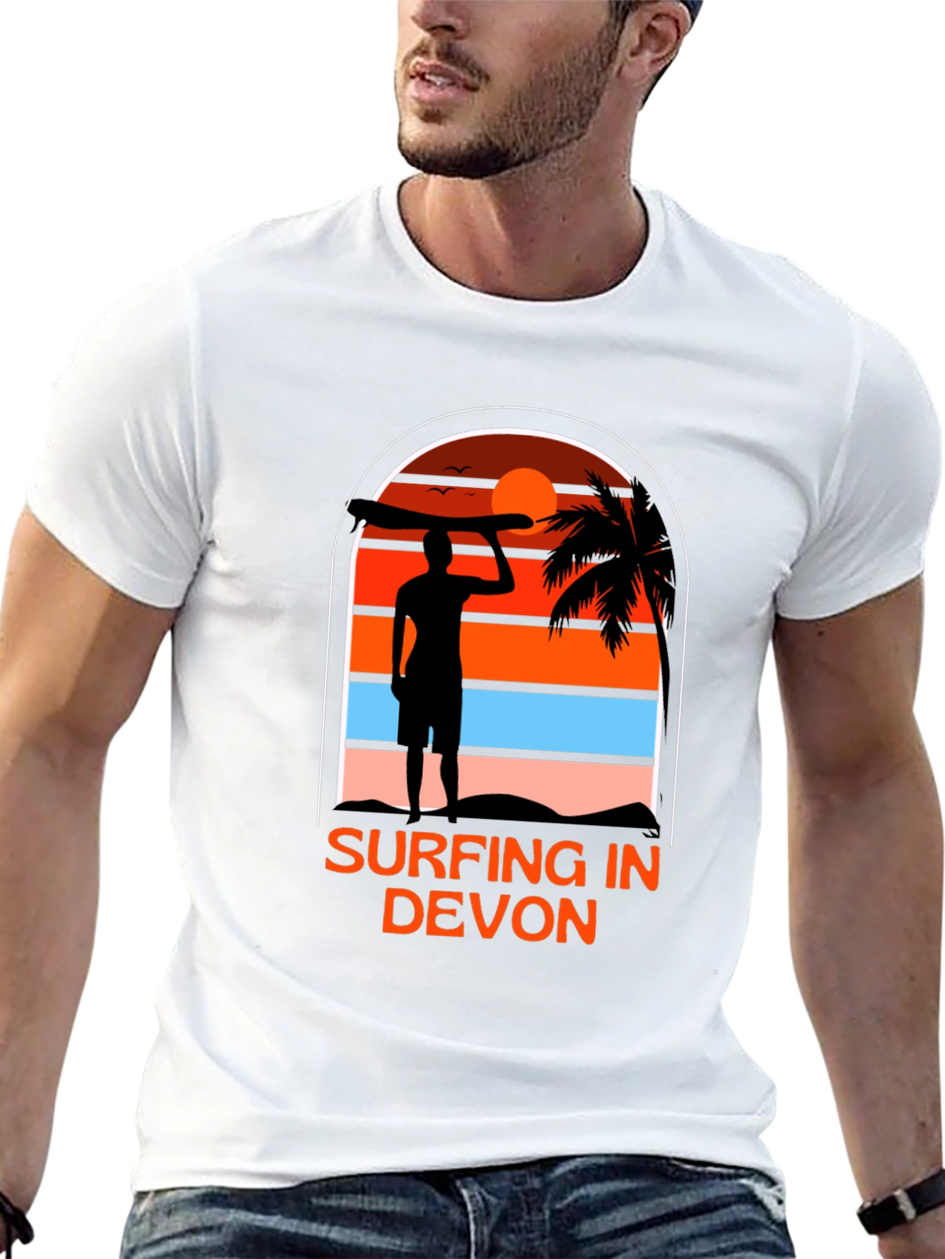 Surfing in Devon T-Shirt - Black Beach Sunset Tee