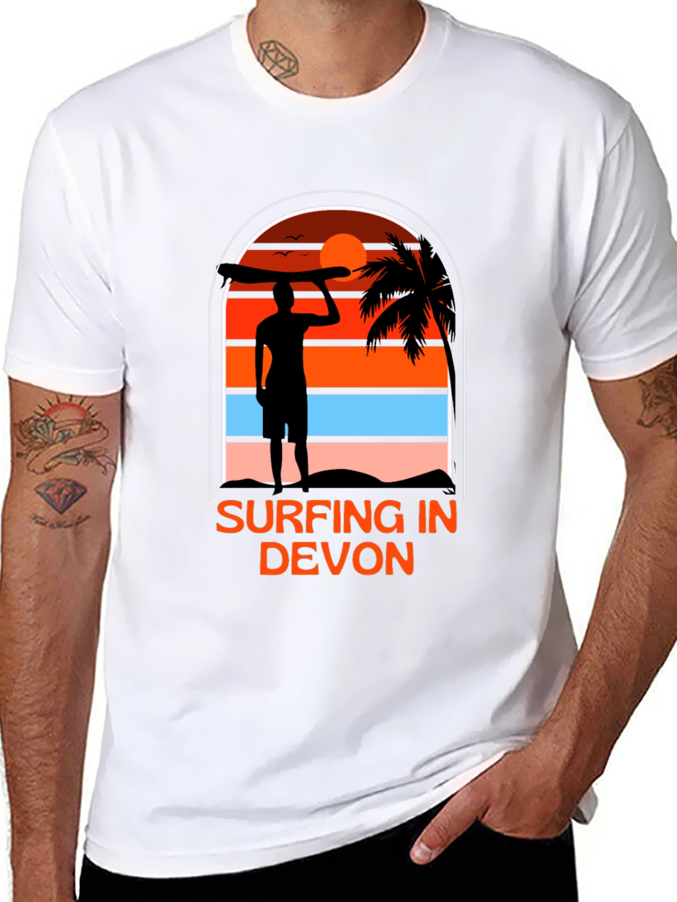 Surfing in Devon T-Shirt - Black Beach Sunset Tee