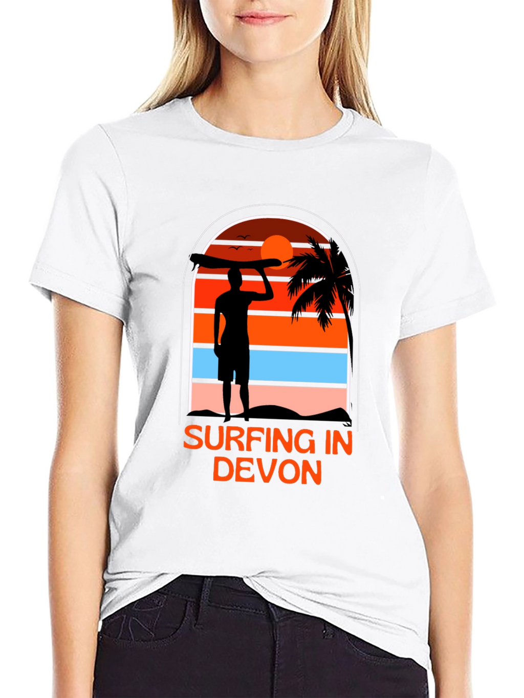 Surfing in Devon T-Shirt - Black Beach Sunset Tee