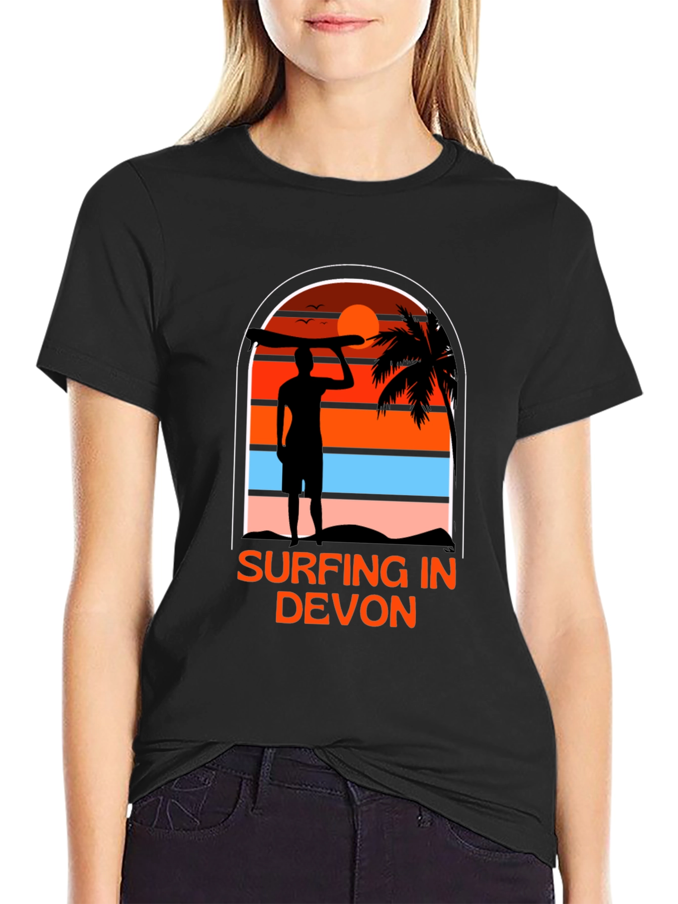 Surfing in Devon T-Shirt - Black Beach Sunset Tee