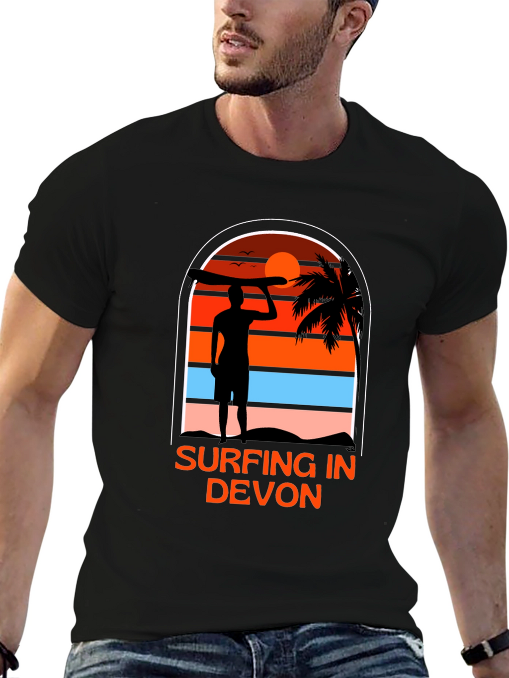Surfing in Devon T-Shirt - Black Beach Sunset Tee