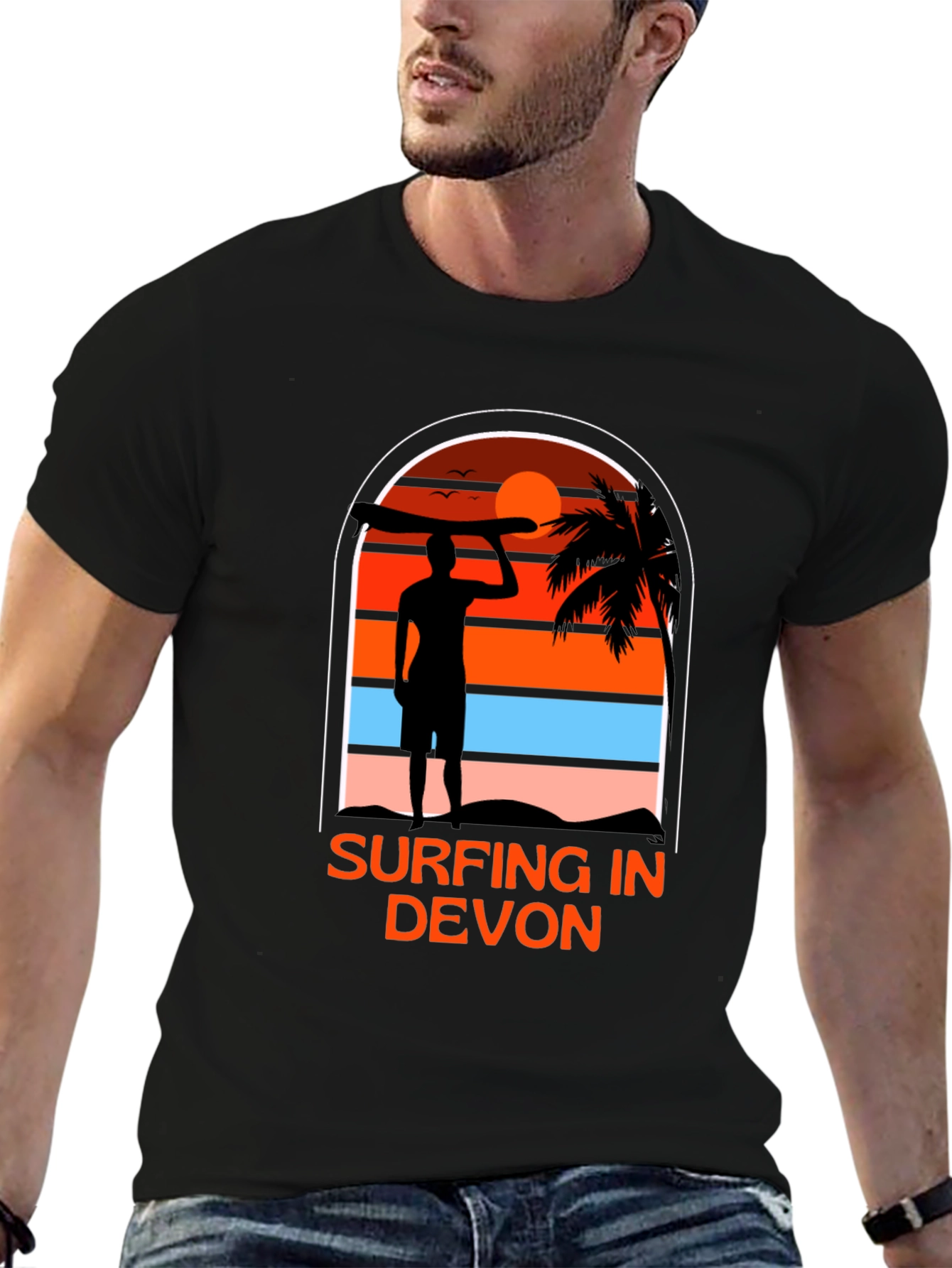Surfing in Devon T-Shirt - Black Beach Sunset Tee