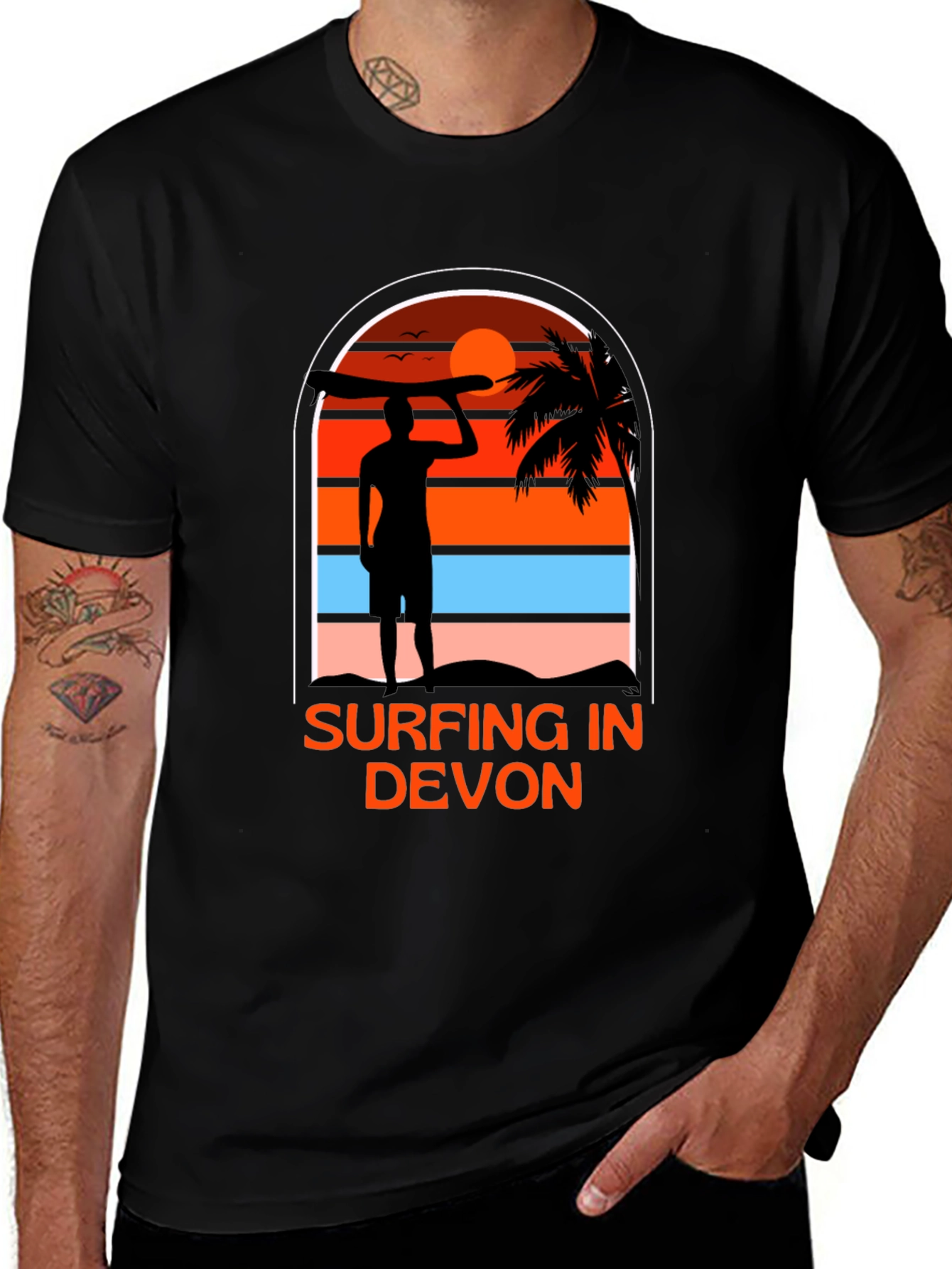 Surfing in Devon T-Shirt - Black Beach Sunset Tee