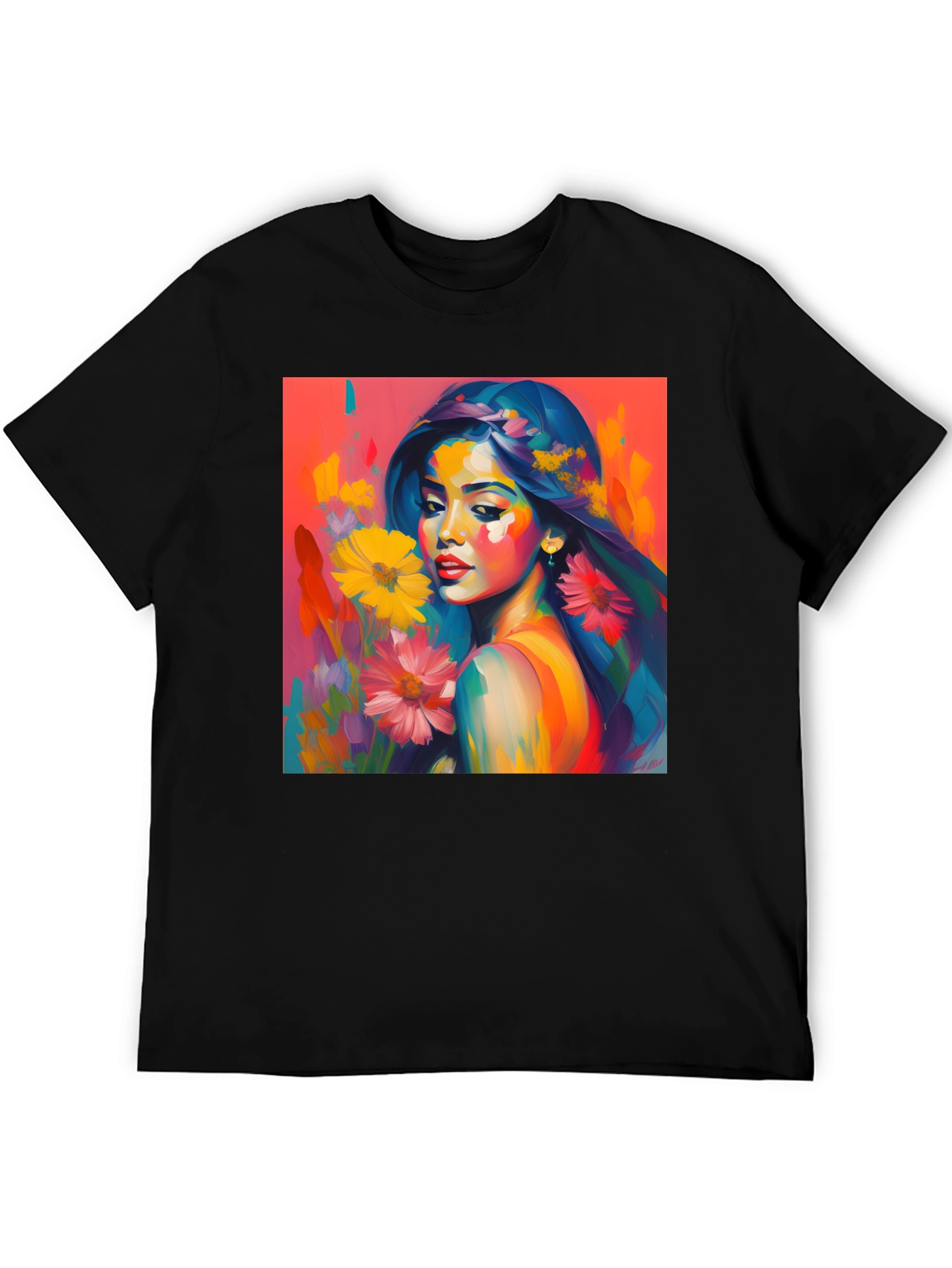 Artistic Woman Floral Graphic Tee - Vivid Colors