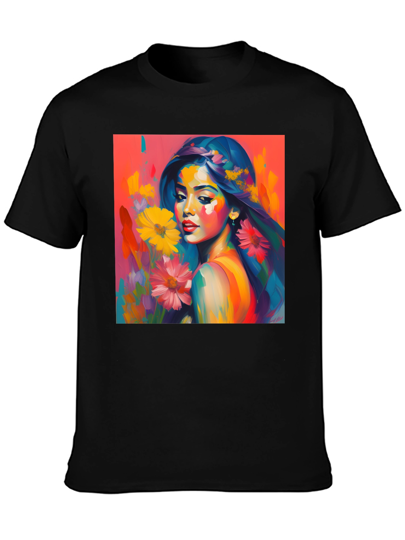 Artistic Woman Floral Graphic Tee - Vivid Colors