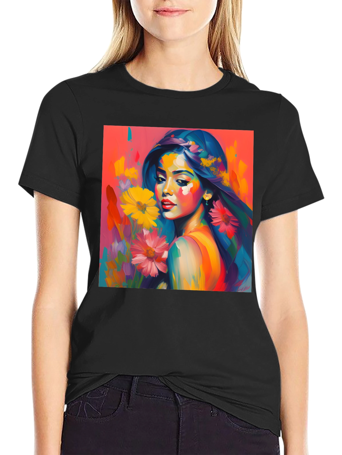 Artistic Woman Floral Graphic Tee - Vivid Colors