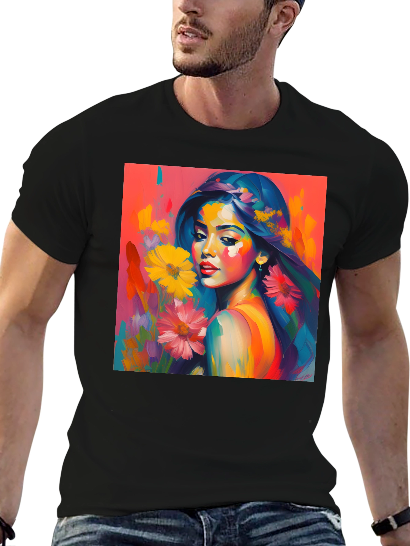 Artistic Woman Floral Graphic Tee - Vivid Colors