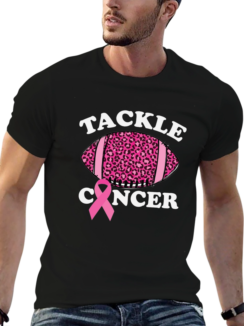 Tackle Cancer Football Tee - Pink Ribbon Support