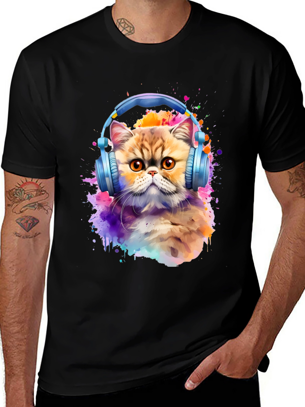 Cat with Headphones T-Shirt - Artistic Animal Tee