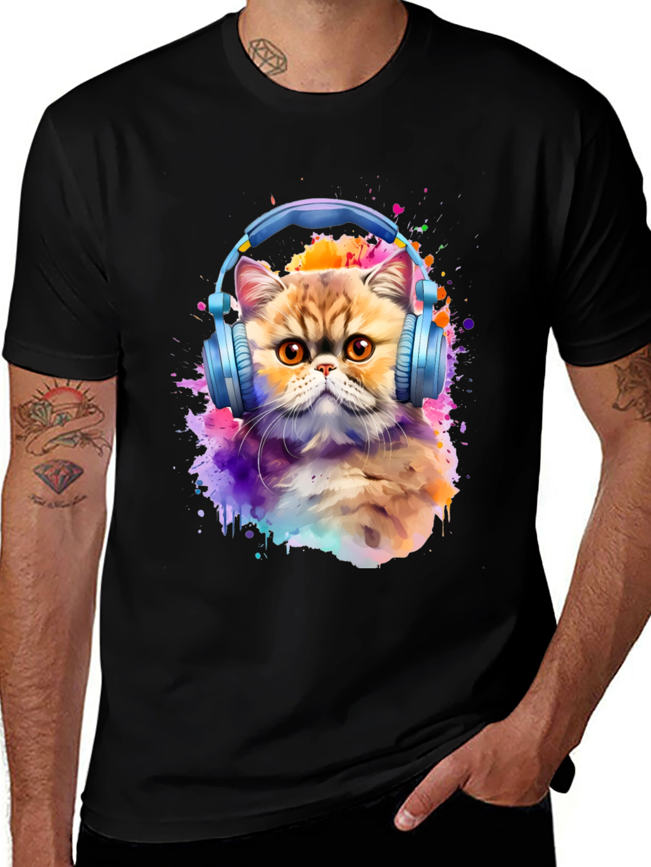 Cat with Headphones T-Shirt - Artistic Animal Tee