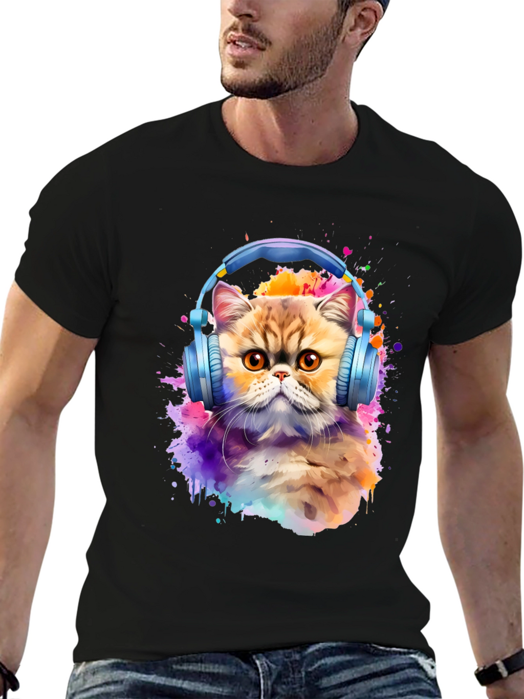 Cat with Headphones T-Shirt - Artistic Animal Tee
