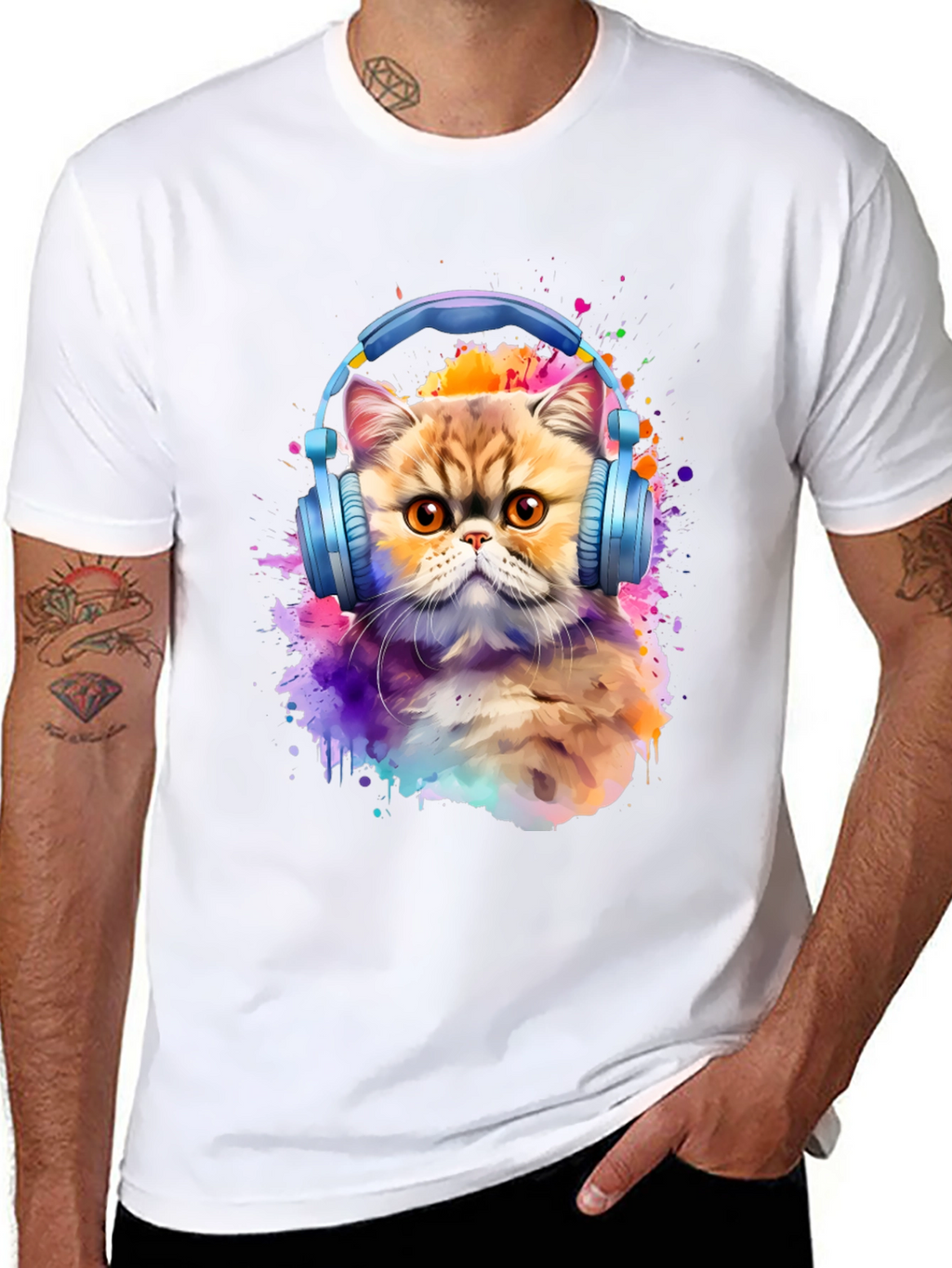 Cat with Headphones T-Shirt - Artistic Animal Tee