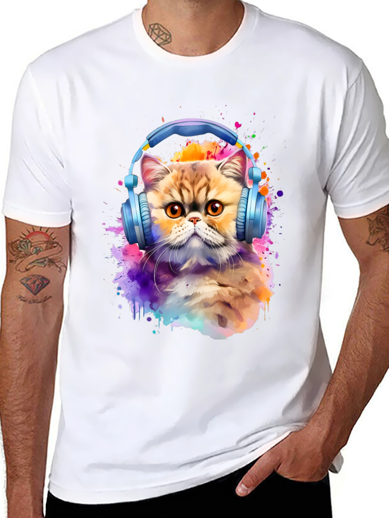 Cat with Headphones T-Shirt - Artistic Animal Tee