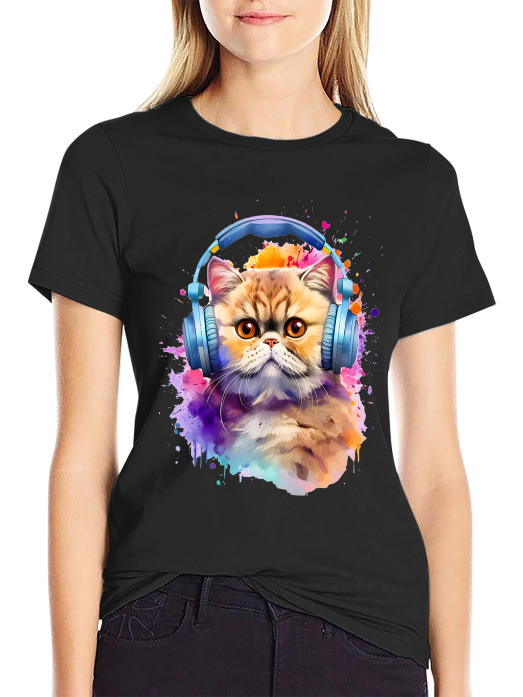 Cat with Headphones T-Shirt - Artistic Animal Tee